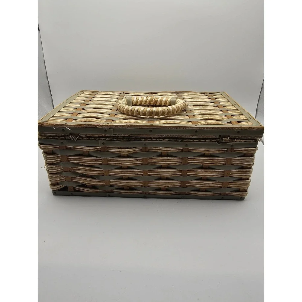 Vintage Wicker Sewing Basket with Removable Tray and Patchwork Purse Sewing Kit